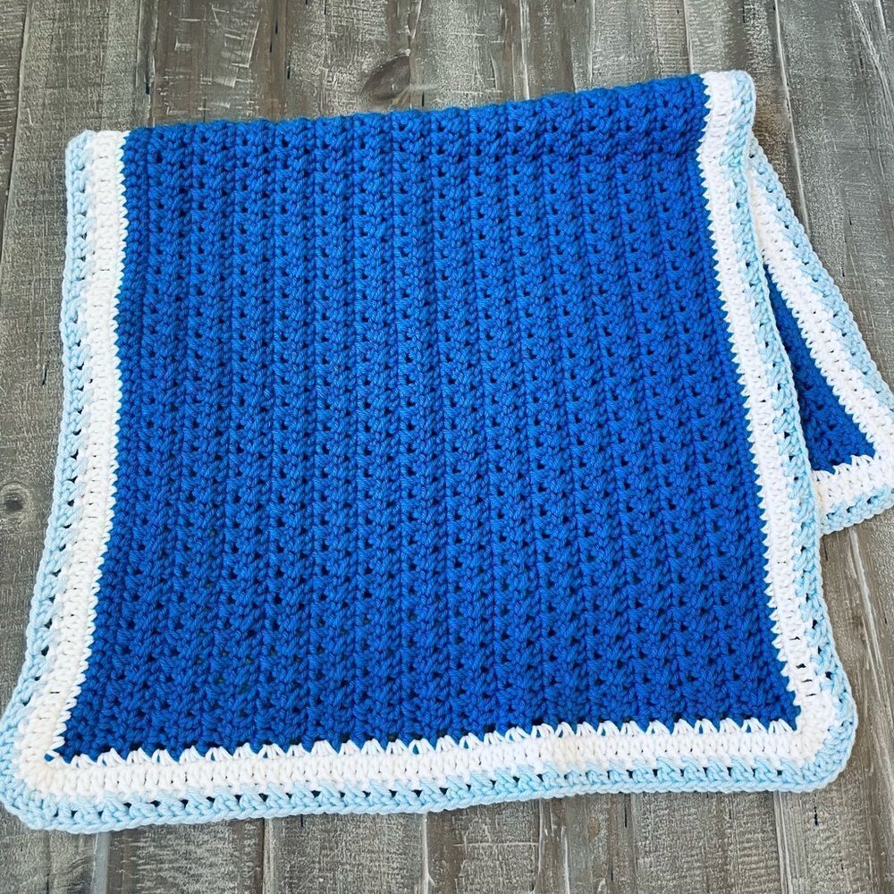 Handmade Crochet Knit Blue Baby Blanket Crib Nursery Tapestry